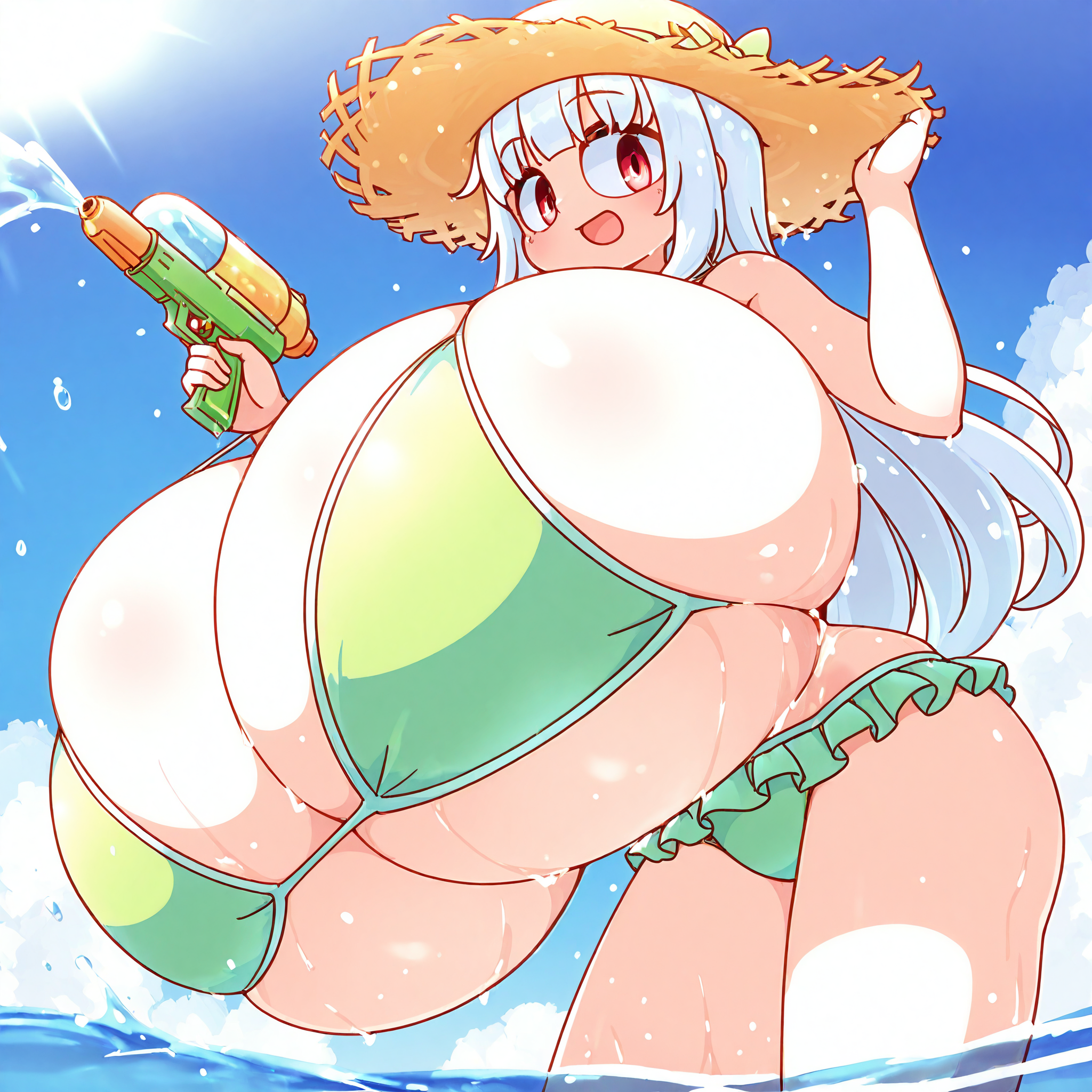 (masterpiece), best quality, (highly detailed), 1female, solo, <lora:Skapon_style_Illustrious:0.8>, green bikini, frill bikini, hyper breasts, white hair, long hair, beach, wet, straw hat, red eyes, smile, open mouth, holding water gun, partially submerged, from below,