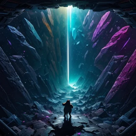 In the vast emptiness of the interstellar void, a cat whose omnipotent powers sits in a cyberpunk street, collide.highest quality, enhanced quality, creative, beautiful, vibrant, masterpiece, 8k, amazing details, amazing quality, amazing artist, sharp edges, detailed textures, full view, atmospheric lighting, amazing visuals, crystals fantasy, crystals, crystal, bg_imgs, cyberpunk, neon lights, science fiction, view from above,