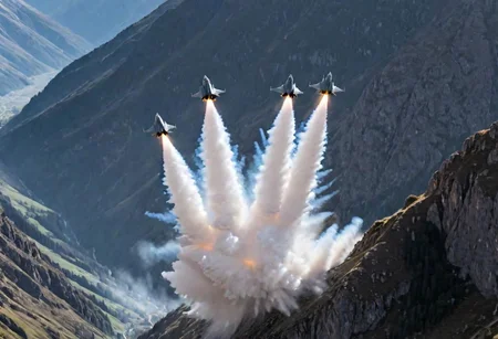 (Pilots flying the Euro Fighter jets between mountains), (displaying the low level flying capabilities of the Euro Fighter jets), hitting amazing speeds as the tilt and wind through the valleys and canyons, (view from side of euro fighter jets), (launching missiles with a stream of white vapors with flames), (a true display of military might power), (motion scenes), (pain staking attention to fine details of the jets) ,4k, surreal, (epic photography),