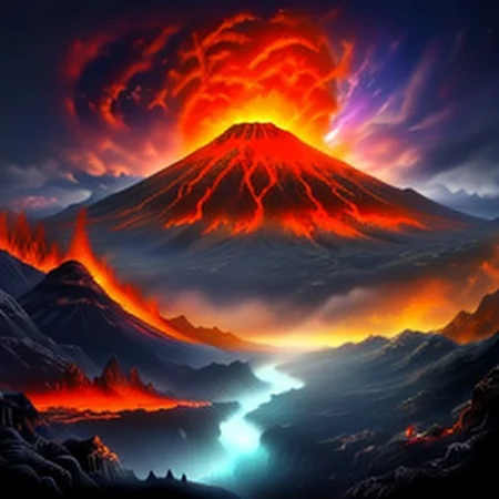 giant volcano with lava fall, lava river in foreground, dark sky, storm clouds, apocalypse