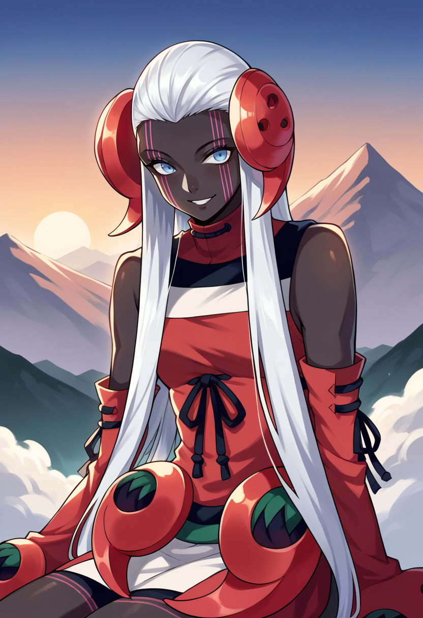 score_9, score_8_up, score_7_up, source_anime BREAK, 1girl, solo,
 <lora:zs_KikuriHimeXL:1> kikurihimesmt, white hair, long hair, blue eyes, dark skin, colored skin, red dress, detached sleeves, bare shoulders,
cowboy shot, mountain, looking at viewer, smile, horizon, sunset, sitting