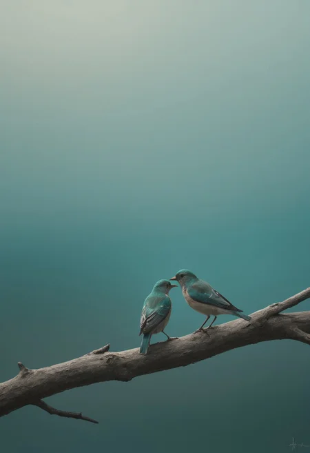 STRIKING DETAILS.
In this serene and surreal scene, the subject takes center stage, their features captured in stunning detail against a backdrop of teal-colored hues. Their natural skin tone radiates warmth and tranquility, contrasting beautifully with the cool tones of the environment. The focus is tight, drawing the viewer's attention to the subject's silhouette in profile, creating a sense of intimacy and depth. Above, small birds dance gracefully against the darkened sky, their movements adding to the surreal calm of the scene. This juxtaposition serves as a powerful visual metaphor, symbolizing the delicate balance between the ethereal and the earthly realms.