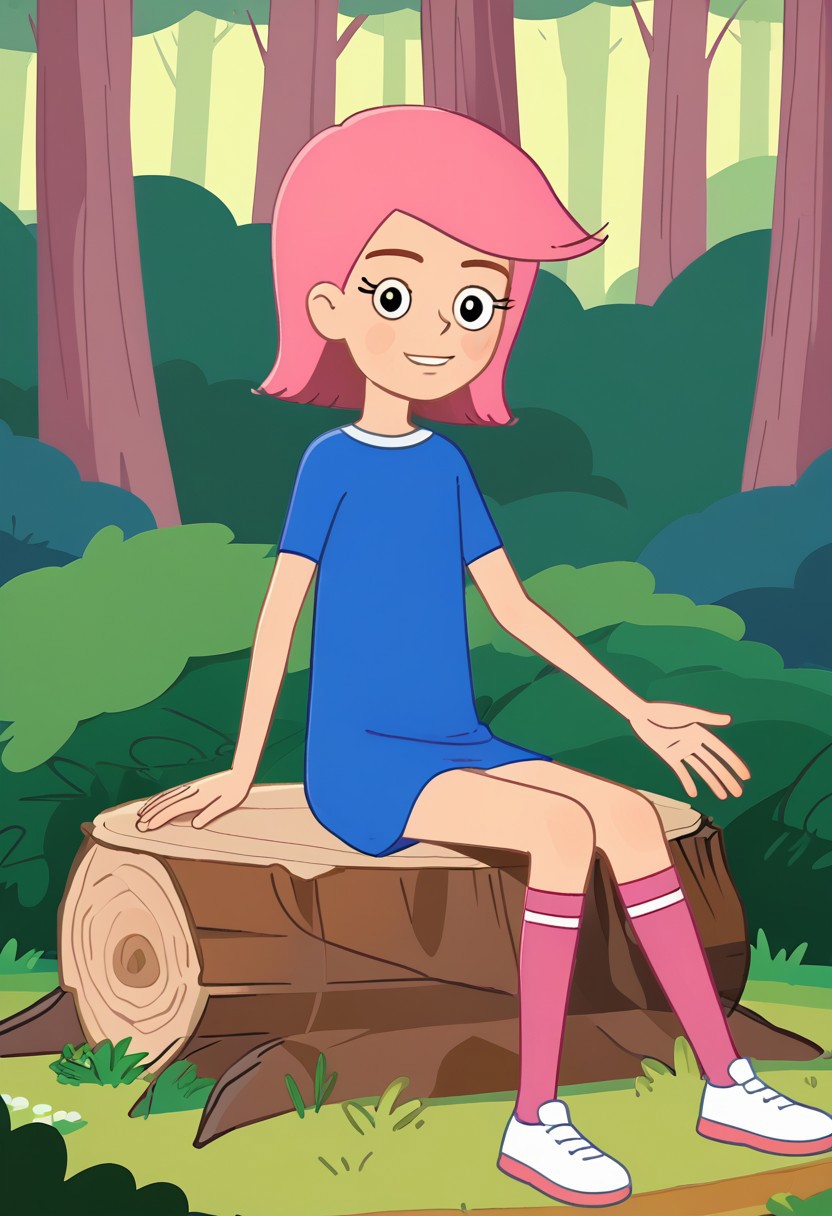 skinny, shorty, undersized, solo focus,  girl olya, 1girl, short hair, pink hair, snub nosed, black eyes, eyelashes, thin hands, thin legs, slender shorty limbs, pink kneesocks, white footwear, posing, smirking smile, forest, trees, bushes,,  blue dress,  flat chested, sitting on tree stump,  bedroom eyes, parted lips,  looking at viewer,