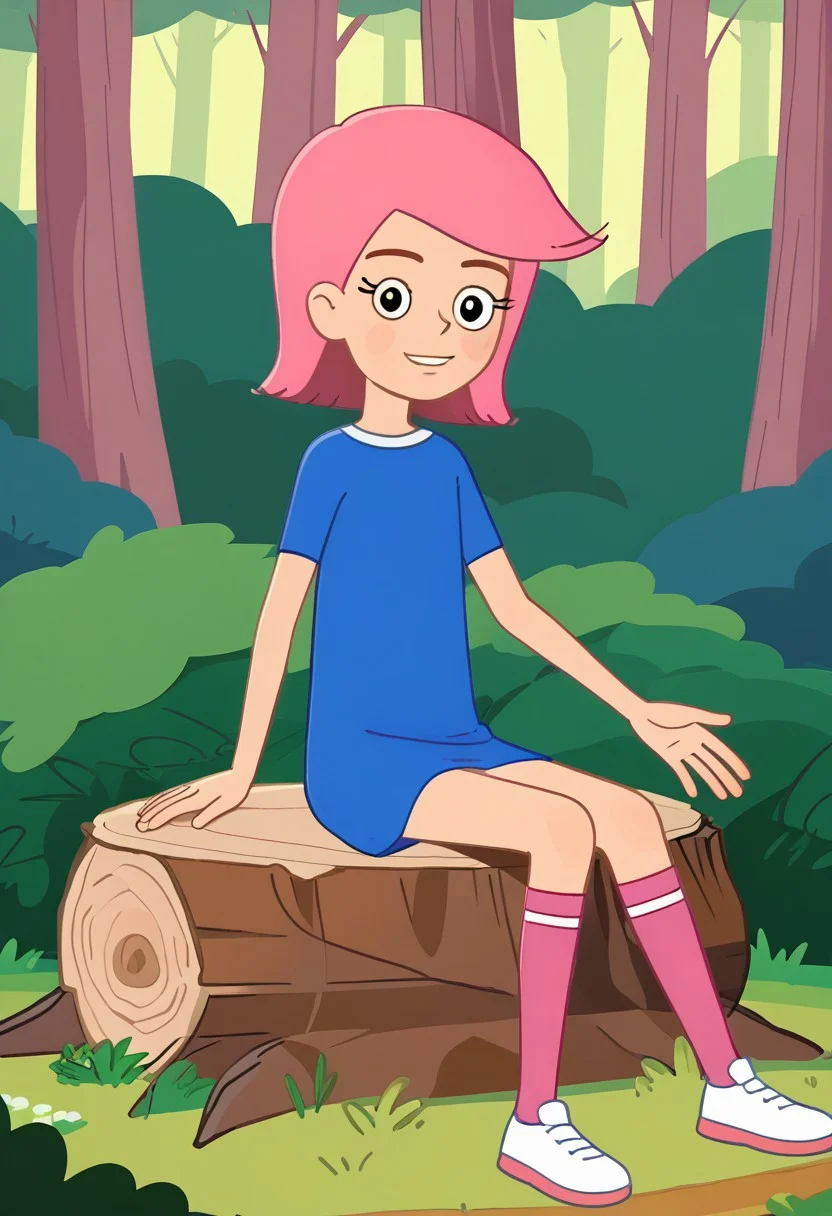 skinny, shorty, undersized, solo focus, girl olya, 1girl, short hair, pink hair, snub nosed, black eyes, eyelashes, thin hands, thin legs, slender shorty limbs, pink kneesocks, white footwear, posing, smirking smile, forest, trees, bushes,, blue dress, flat chested, sitting on tree stump, bedroom eyes, parted lips, looking at viewer,