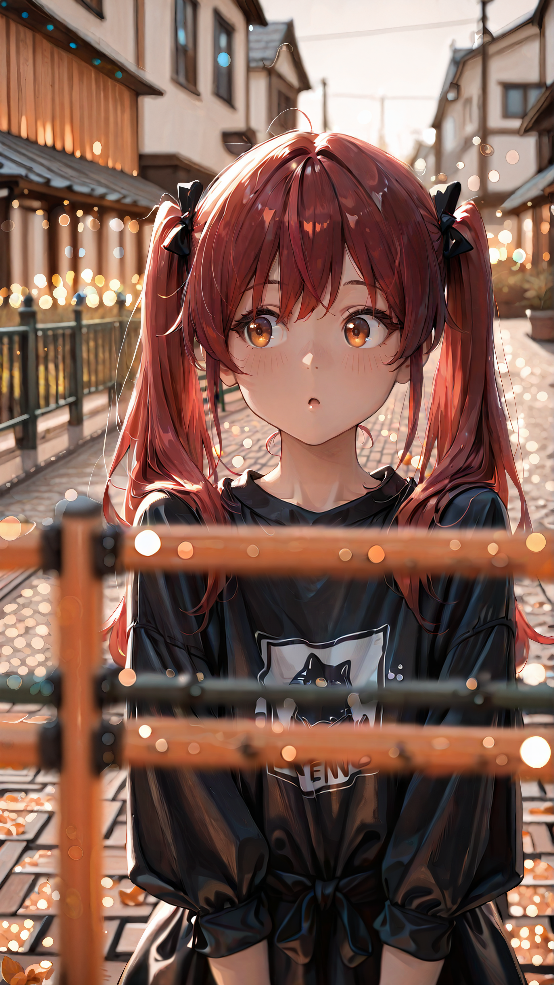 masterpiece, newest,absurdres,incredibly absurdres, best quality, amazing quality, very aesthetic, 
1girl, depth of field, blurry foreground, bokeh, modern town, orange trees, fences, red hair, twintails, long hair, curious, 
 <lora:re4lity:1> re4lity_sync_illu
