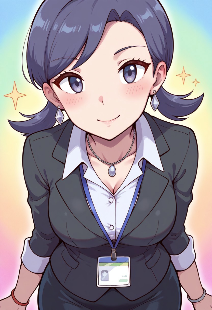 hinosaki, [[leveen]], 2d, masterpiece, best quality, amazing quality, 1girl, solo, close-up, standing, smile, upper body, leaning_forward, looking at viewer, multicolored background, sparkle, rainbow background, colorful background,
lassrse, lass \(pokemon rse\), purple eyes, purple hair, short hair, low twintails, 
masterpiece, best quality, amazing quality, highres, absurdres, newest, adult body, mature female, grown up, medium breasts, office lady,black jacket, collared shirt, pencil skirt, black skirt, bracelet, necklace, earrings