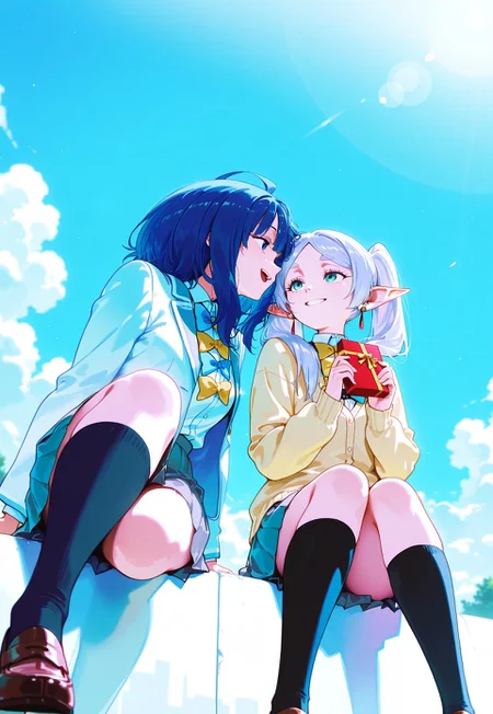 score_9, score8_up, score_7_up BREAK source_anime, masterpiece, best quality, ultra-high resolution, incredible composition, 2girls, frieren | holding box of chocolate, anna-default, yanami anna, blue eyes, blue hair, medium hair, school uniform, white jacket, long sleeves, yellow cardigan, bowties, grey skirt, pleated skirt, black socks, loafers, hugging, happy, smiling, looking at each other, full of love, detailed hand