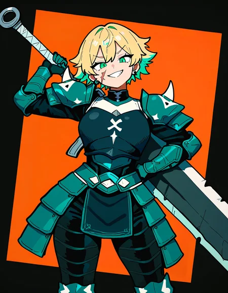 1girl, two-tone-armor, black-armor, white-armor, smug, posing, holding-weapon, oversized-sword, short-hair, blonde-hair, green-eyes, scar-on-face, piercing, masterpiece, best quality, newest, absurdres, highres