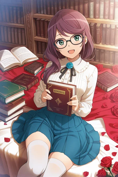 masterpiece, best quality, amazing quality,
<lora:Junna_IL:1> junna, 1girl, flower, thighhighs, glasses, skirt, book, rose, solo, long hair, green eyes, smile, open mouth, white thighhighs, blue skirt, looking at viewer, petals