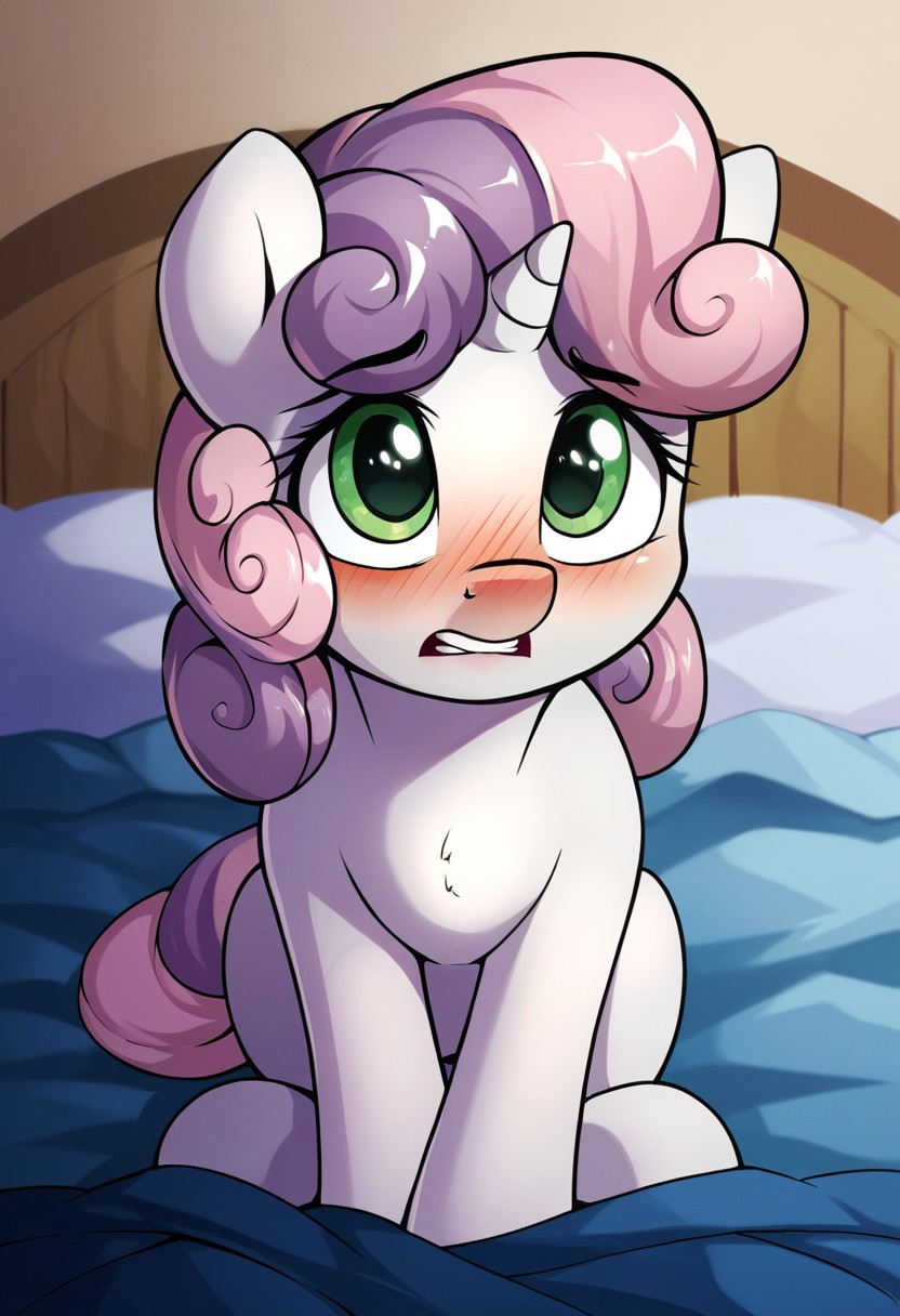 score_9, score_8, score_7, source_pony, sweetie belle, sideways mouth, nose blush, :3, bent over, sitting, teeth, on bed