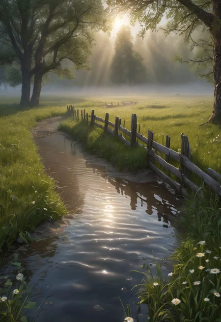 8k, breathtaking, close up to rough footpath in the village, old wooden fence, deep puddle, detailed mud, cloudy weather, morning lake mist, wet grass, sun rays, masterpiece, award-winning, professional, highly detailed, mist, style-nebmagic