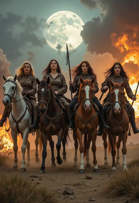 four beautiful women on horses representing the four horsemen of the apocalypse. A dystopian scene as the women ride the horses.