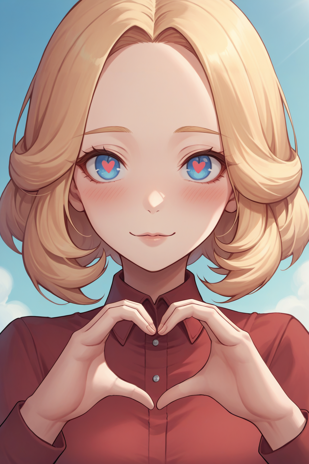 source_anime, score_9, score_8_up, <lora:NSPhyllisPortia:1> NSPhyllisPortia, 1girl, solo, blonde hair, medium hair, blue eyes, heart_hands, red shirt, close-up, heart-shaped pupils, heart_hands