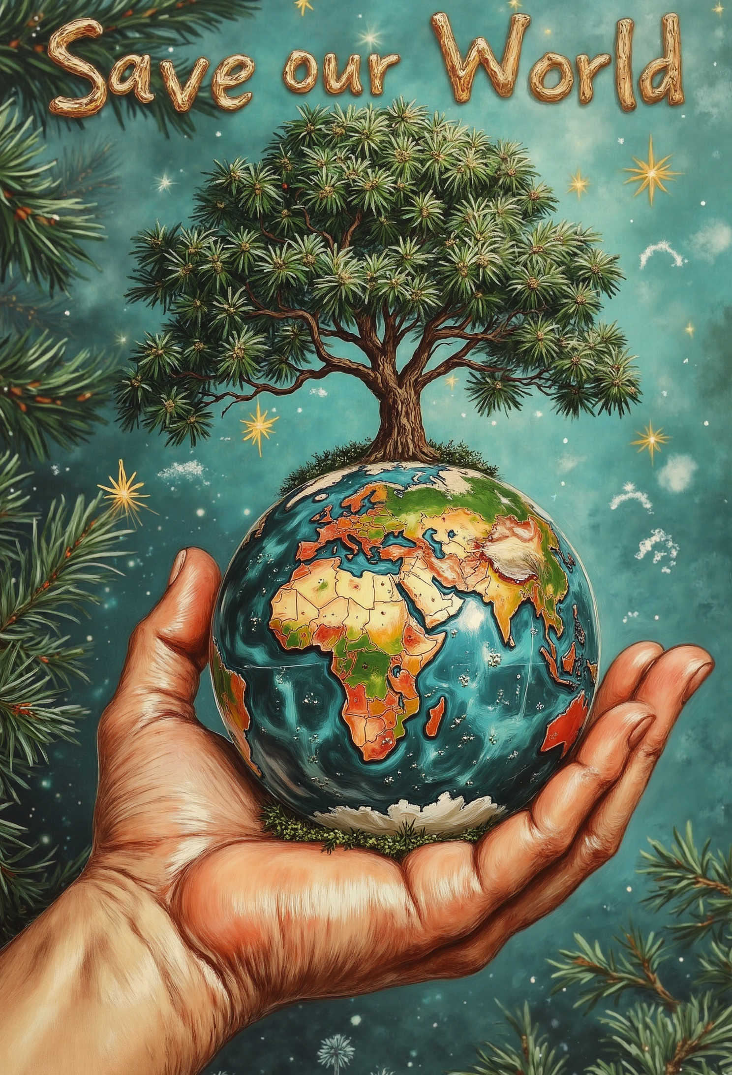 pstcs001, AI, Artificial Intelligence Concept, a digital world in his hand, on the top of the world a green tree, Futuristic technology transformation, Writing above "Save our World"