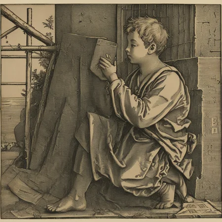 DPICT, an illustration of a boy holding an apple, high quality, high resolution, classical illustration, crosshatching, woodblock print