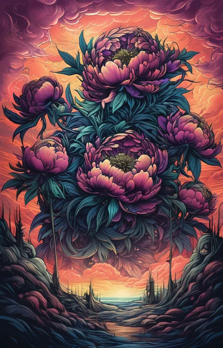 masterpiece,best quality,<lora:tbh160-sdxl:0.9>,illustration,style of Dan Mumford decaying peonies