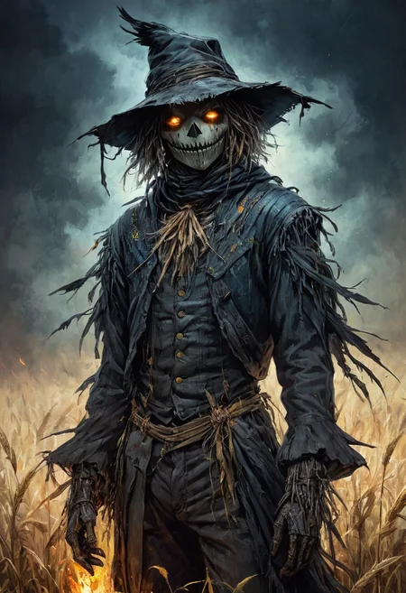 highly detailed linework reminiscent of Carne Griffiths, (scarecrow:1.7), (crows:1.4), imbued with Wadim Kashim's bold color and texture, light and airy as Carl Larsson's compositions, dark background, dark, evil, castle, fire, featuring Pascal Blanche-style hyper realistic characters, pastel, elegance, dramatic lighting, expressive camera angle, matte, concept art, corn field