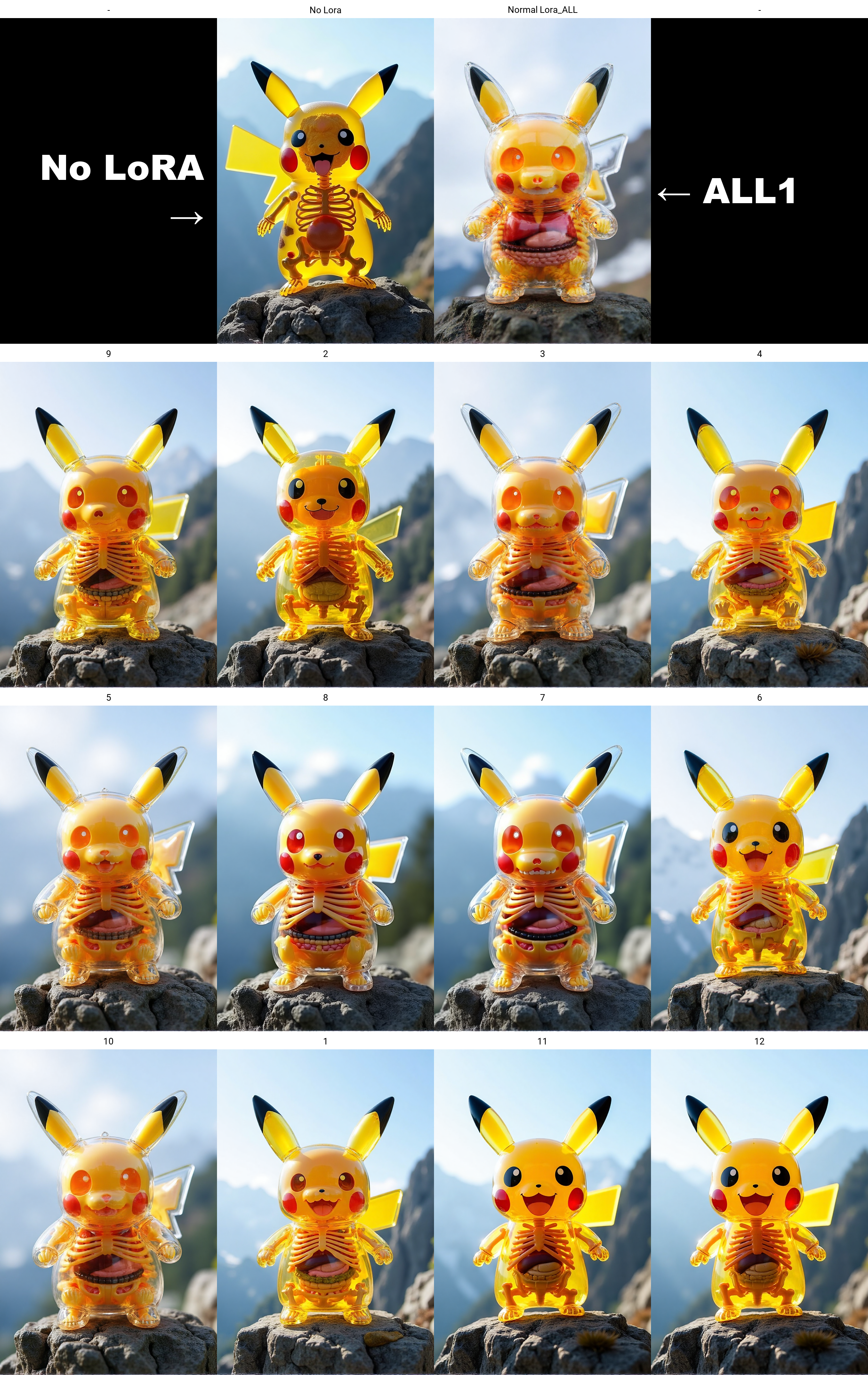 a photo of a transparent body toy of pikachu, his skeleton is visible, bones and internal organs are visible. He is at the top of a mountain.