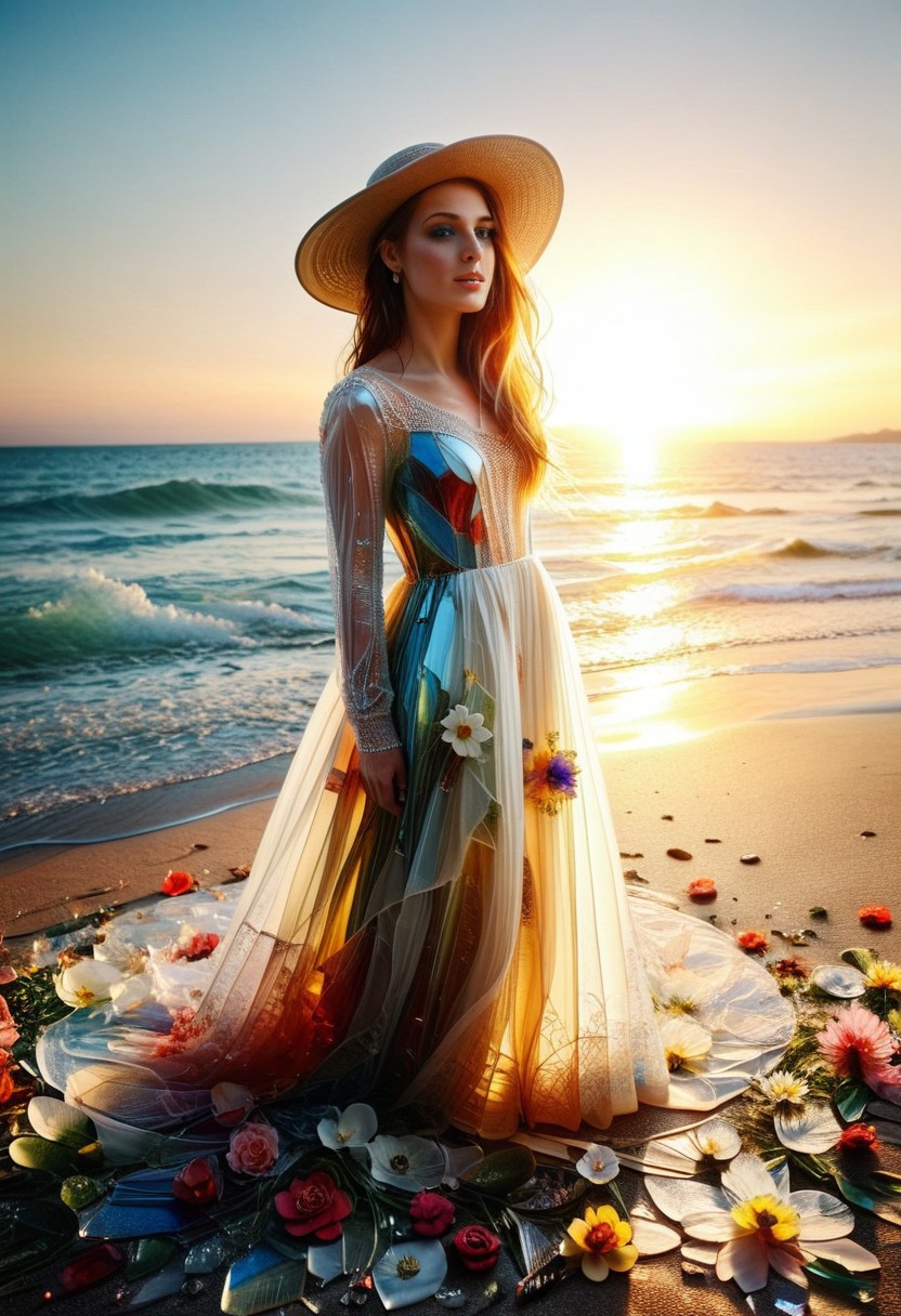 glass shard, (anatomically correct:1.7), photo, photo_realistic, realistic, scenery, (outdoors:1.2), dramatic makeup, (large summer hat:1.3), (sunset:1.4), (red sky:1.2), beach, photorealistic, cinematic, flowers, photorealism, cinematic lighting, (fully dressed:2), Cantarella, long hair, purple hair, earrings, blue eyes, white dress. tall, boots.