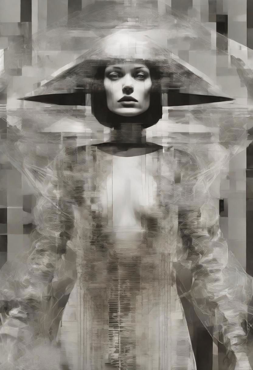 Monochrome black and white, Giger, Beksinski, Zawadzky, Dali, Magritte, Delvaux, Bellmer, Malevitch, Rodchenko, Mondrian, Kandinsky, Popovna, psychedelic hallucination, pop surrealism, rough crosshatch drawing pop art Lunatic_Portrait of a young woman in latex Avant-garde Fashion page, slick back, low bun, black makeup, sinister expression, intense glare, avant-garde, abstract, weird, geometric, constructivism, suprematism, rayonism, verticism, lineism, tj
