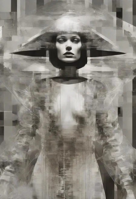 Monochrome black and white, Giger, Beksinski, Zawadzky, Dali, Magritte, Delvaux, Bellmer, Malevitch, Rodchenko, Mondrian, Kandinsky, Popovna, psychedelic hallucination, pop surrealism, rough crosshatch drawing pop art Lunatic_Portrait of a young woman in latex Avant-garde Fashion page, slick back, low bun, black makeup, sinister expression, intense glare, avant-garde, abstract, weird, geometric, constructivism, suprematism, rayonism, verticism, lineism, tj