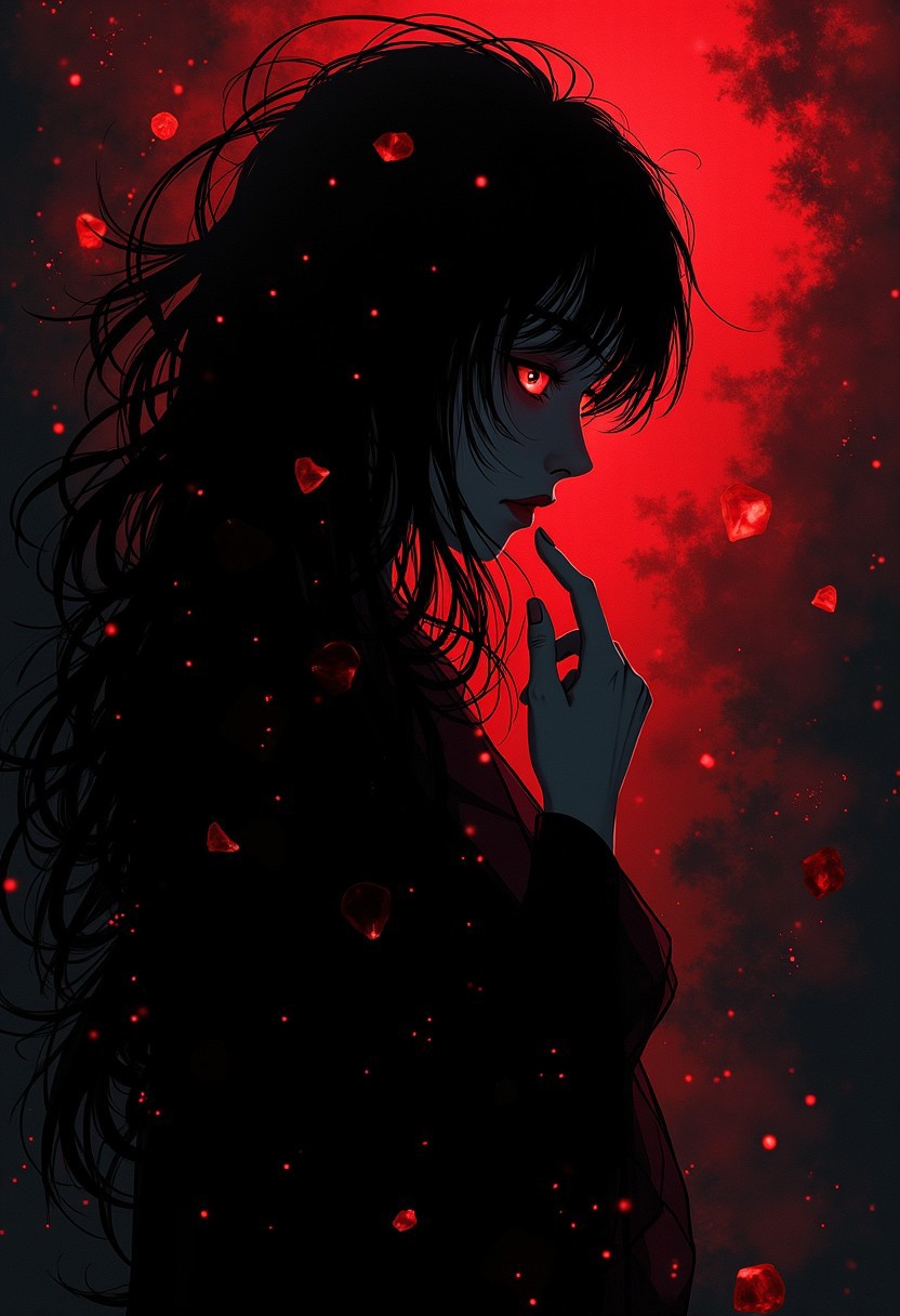 anime, niji, illustration, Eric Madigan Heck animals style, Expressive painting in dynamics and emotionality. The anime art is a stylized portrait of a woman with ethereal black and red fog surrounding her body. The mysterious hidden face of the girl,silk veil with many intricately flowing threads of light on the black background,The mist creates a dramatic and surreal effect. The woman has a cold aesthetic that is complemented by her black hair. Anime art of a woman draped in shadow, with lighting that emphasizes her unique features. Background - dark red zentangle fog, holding her finger to her lips, woman hissing, swirling particles, outline of glowing snow, abstract graphics, outline of epic eyes formed by burning diamond dust, sci-fi concept art, silhouette of space