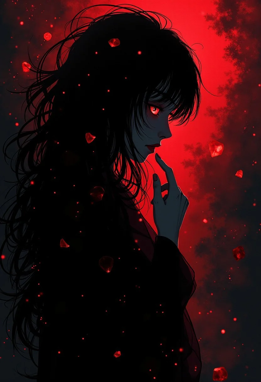 anime, niji, illustration, Eric Madigan Heck animals style, Expressive painting in dynamics and emotionality. The anime art is a stylized portrait of a woman with ethereal black and red fog surrounding her body. The mysterious hidden face of the girl,silk veil with many intricately flowing threads of light on the black background,The mist creates a dramatic and surreal effect. The woman has a cold aesthetic that is complemented by her black hair. Anime art of a woman draped in shadow, with lighting that emphasizes her unique features. Background - dark red zentangle fog, holding her finger to her lips, woman hissing, swirling particles, outline of glowing snow, abstract graphics, outline of epic eyes formed by burning diamond dust, sci-fi concept art, silhouette of space