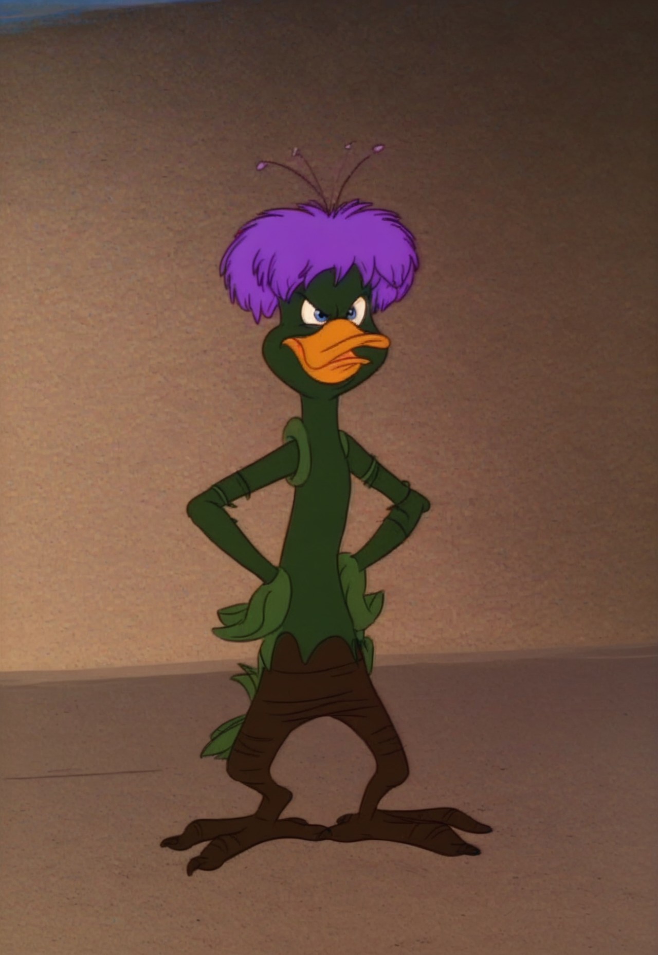 1 boy, solo, no humans, blue eyes, light yellow eyeballs, green skin, violet hair, three pollen stamps on head, leaf hands, leaf fingers, leaf buerzel, root lower body, root legs, root feet, bird feet, anisodactyl feet, full body, hands on hips, angry
