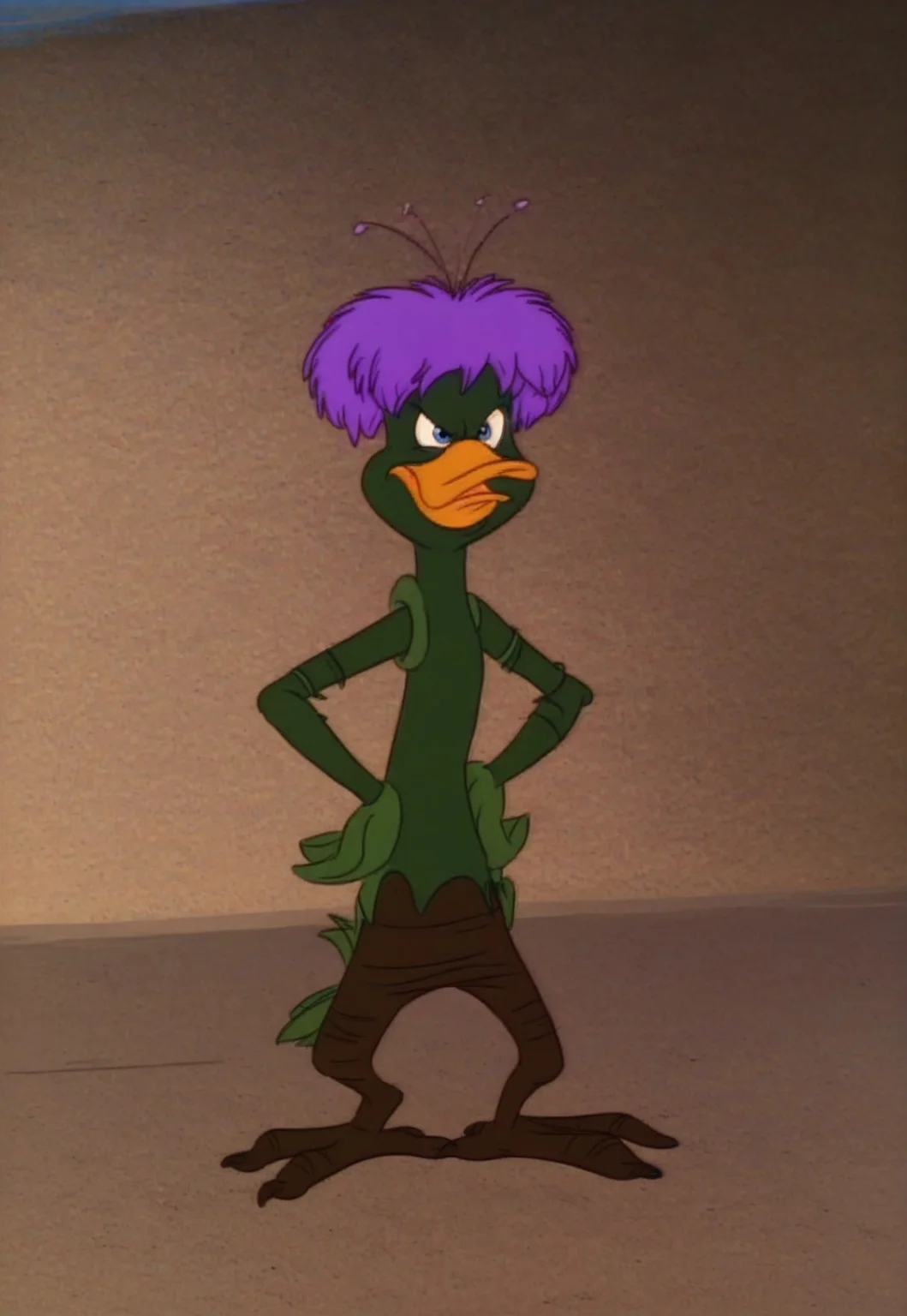 1 boy, solo, no humans, blue eyes, light yellow eyeballs, green skin, violet hair, three pollen stamps on head, leaf hands, leaf fingers, leaf buerzel, root lower body, root legs, root feet, bird feet, anisodactyl feet, full body, hands on hips, angry