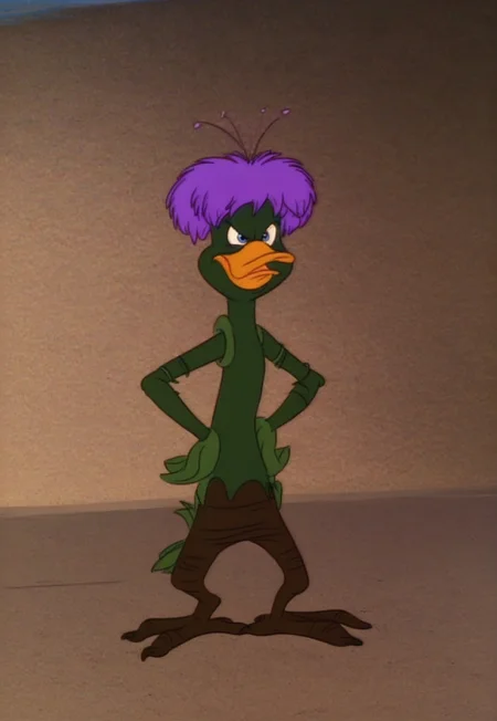 1 boy, solo, no humans, blue eyes, light yellow eyeballs, green skin, violet hair, three pollen stamps on head, leaf hands, leaf fingers, leaf buerzel, root lower body, root legs, root feet, bird feet, anisodactyl feet, full body, hands on hips, angry