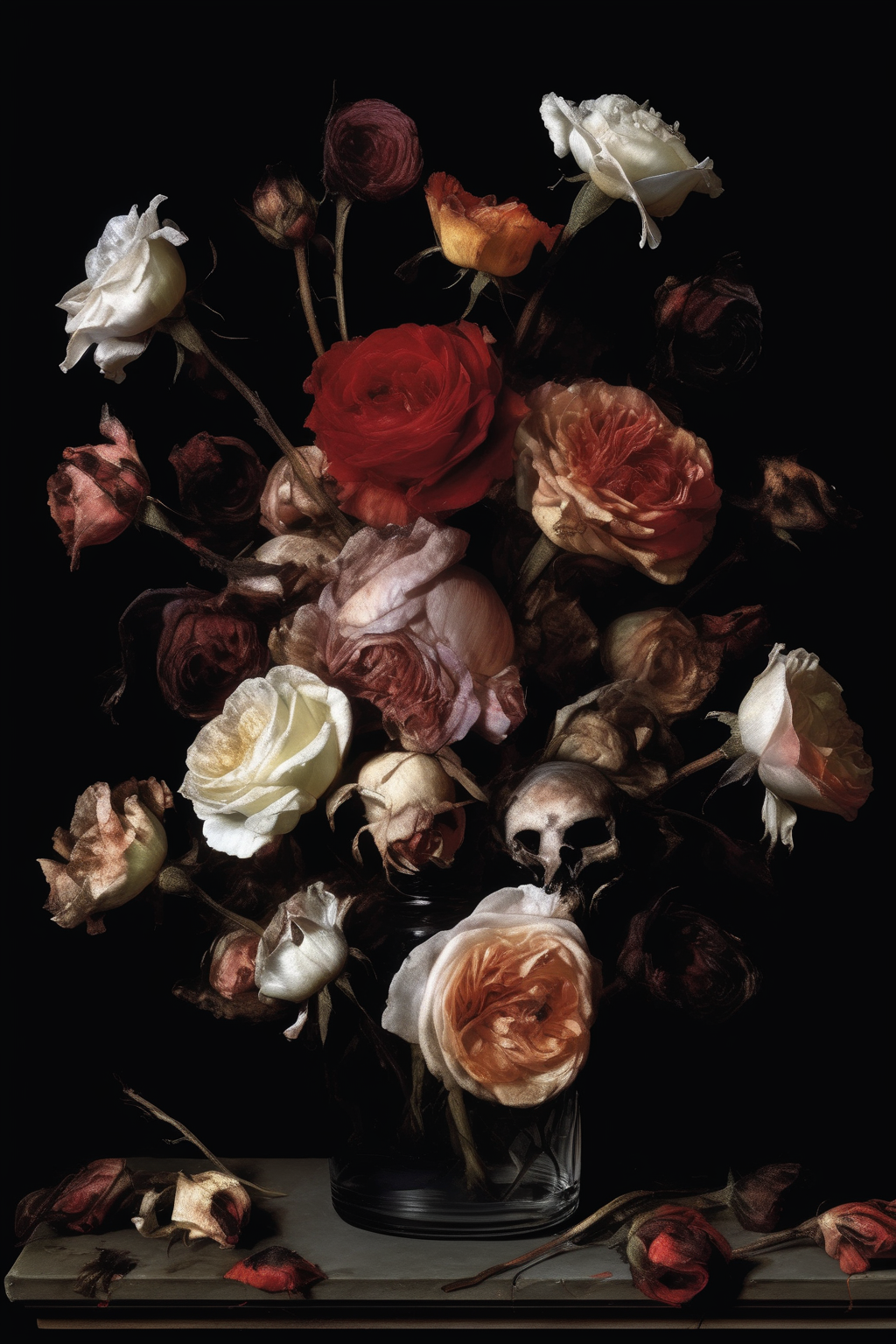 <lora:Willem van Aelst Style:1>Willem van Aelst Style - an album cover of a bouquet of dead roses in a vase. It has a black background.