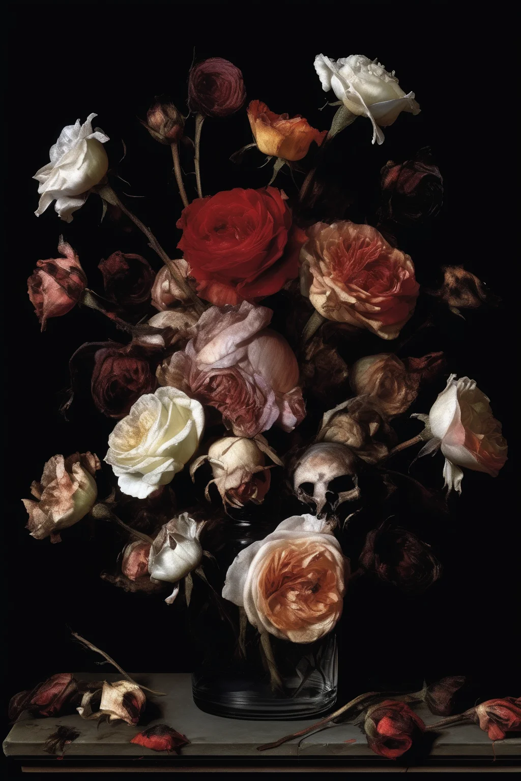 <lora:Willem van Aelst Style:1>Willem van Aelst Style - an album cover of a bouquet of dead roses in a vase. It has a black background.