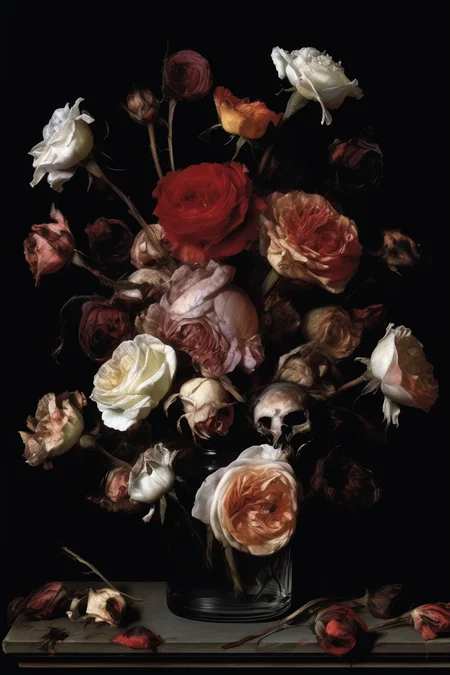 <lora:Willem van Aelst Style:1>Willem van Aelst Style - an album cover of a bouquet of dead roses in a vase. It has a black background.