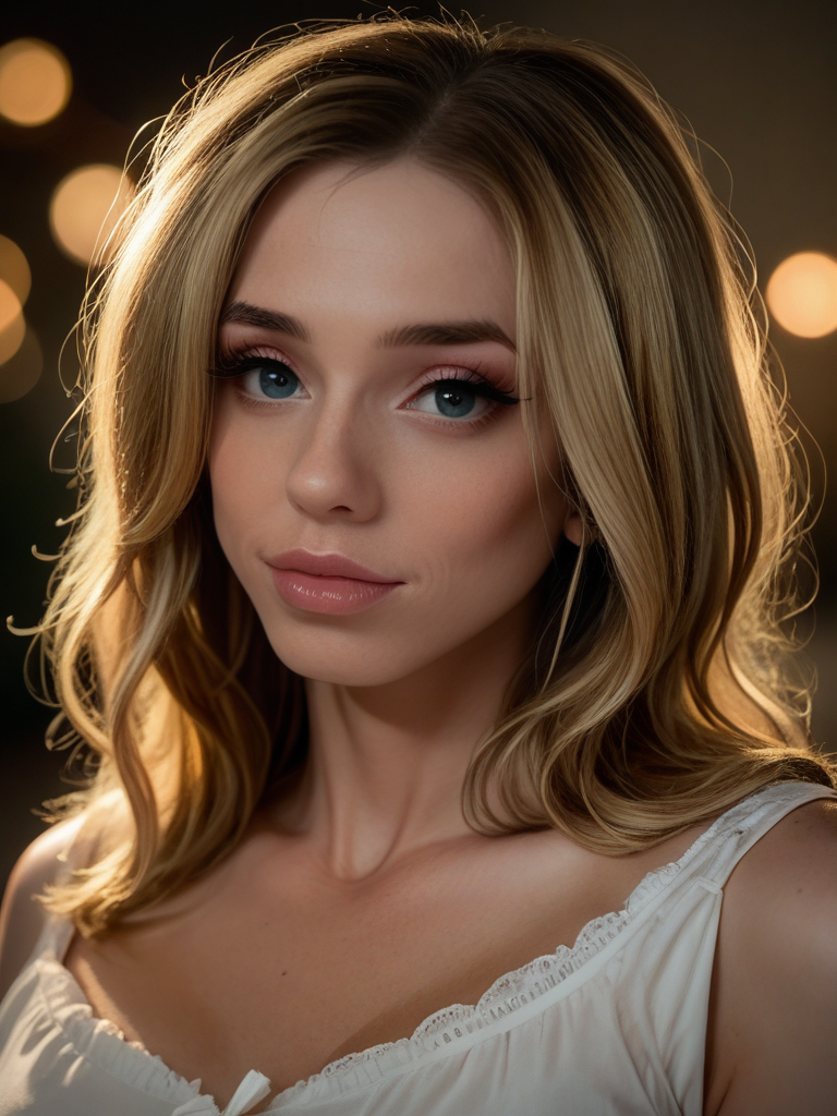score_9, score_8_up, score_7_up,  LilyDemure33, Lily Demure, <lora:LilyDemure33-pony:1>,  1girl, makeup, lips, blonde hair, bobbed hair, white blouse, portrait, solo, looking at viewer, bokeh, focus, film, velvia, artistic, best quality, photograph, focus