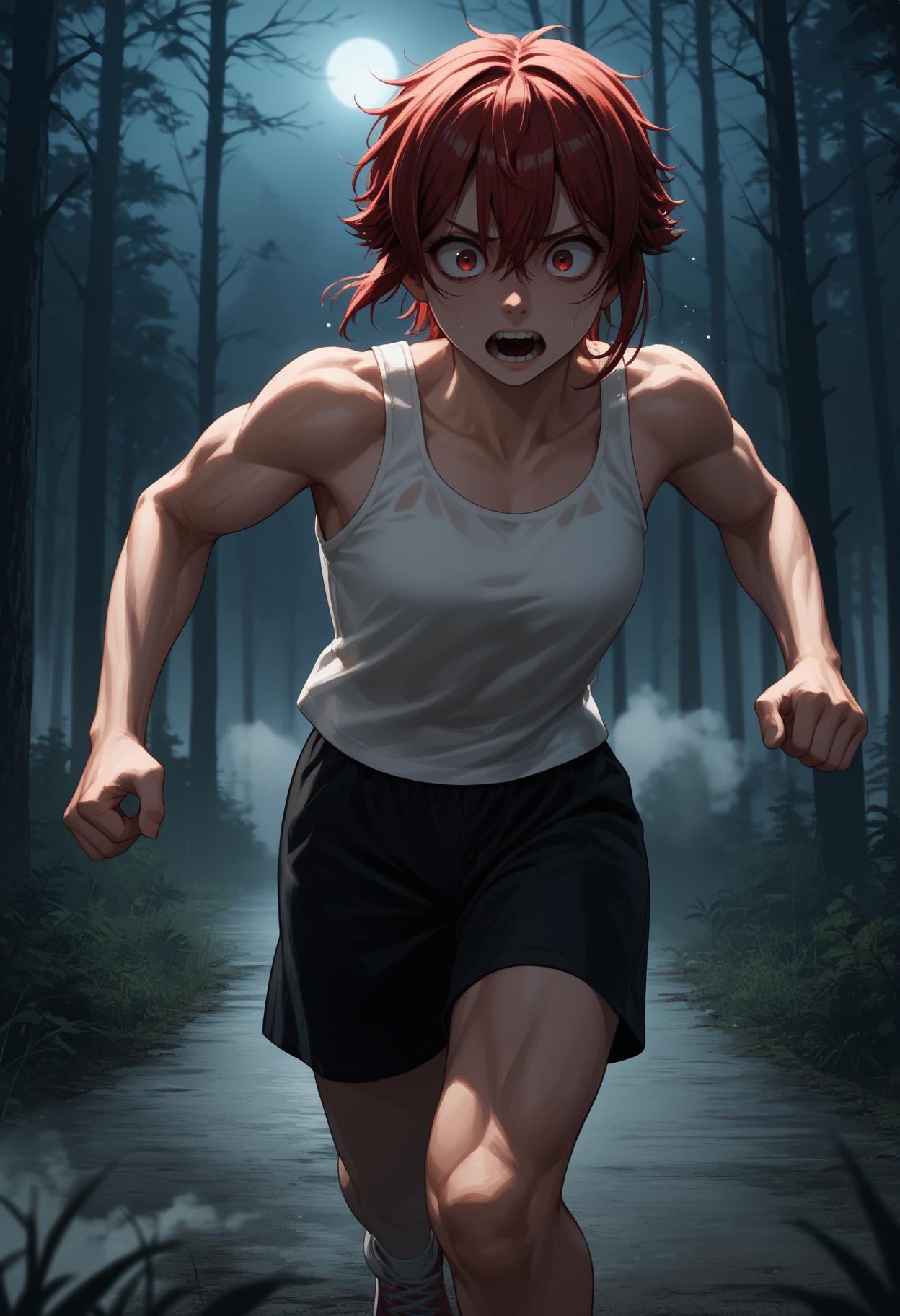 outdoors, forest, night, scared, running, fog, horror \(theme\), score_9, score_8_up,score_7_up, source_anime, 1girl, solo, <lora:aizwtm_pdxl_EliPot:1>, aizawatomo, red hair, short hair, red eyes, tomboy, toned, muscular female,