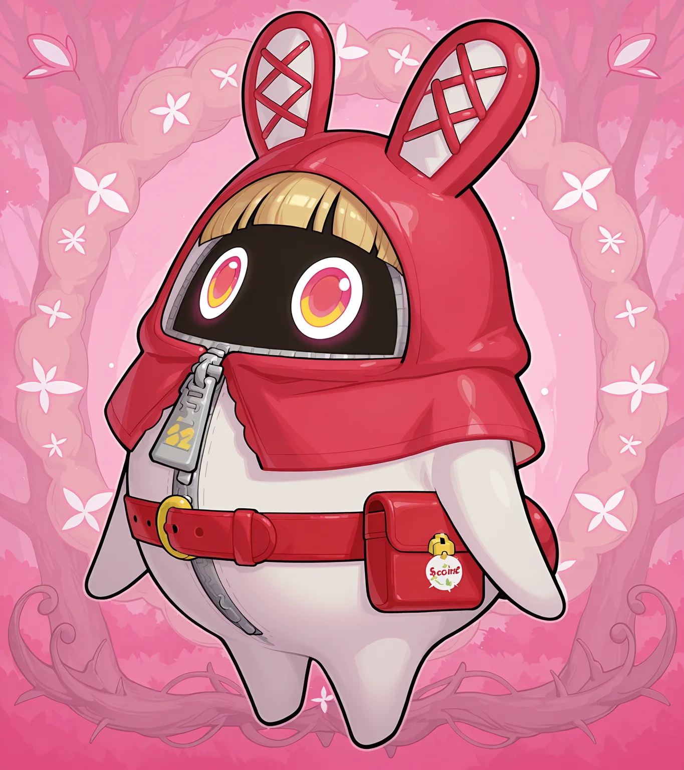 score_9, score_8_up, (bangboo), full body, official game character, source_anime, thick outline, no humans, blonde wig, circular pink eyes, zipper pull tab, little red riding hood cosplay, blunt bangs, forest fairytale background, red belt pouch, <lora:bangboo-v2-illustrious:1>