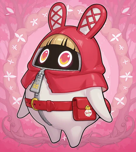 score_9, score_8_up, (bangboo), full body, official game character, source_anime, thick outline, no humans, blonde wig, circular pink eyes, zipper pull tab, little red riding hood cosplay, blunt bangs, forest fairytale background, red belt pouch, <lora:bangboo-v2-illustrious:1>