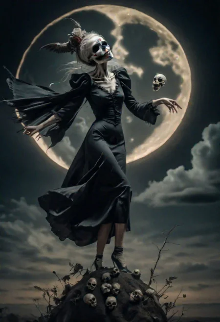 Jokerman dance to the nightingale tune
 Bird fly high by the light of the moon
 woman  standing on a  skull macabre,compelling repugnant, lowbrow art style
  surreal , 8k