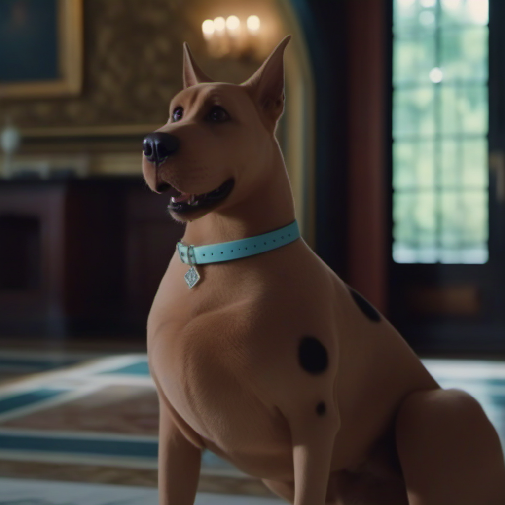 cinematic photo a dog with a collar in a mansion <lora:ScoobyDoo1024:0.8> . 35mm photograph, film, bokeh, professional, 4k, highly detailed