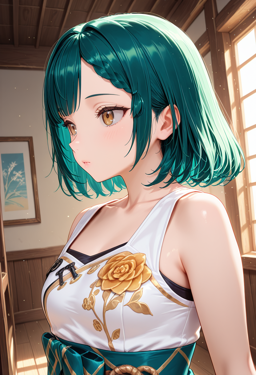 masterpiece, best quality, 32k, high resolution, absurdres 
1girl, solo, Rin, Rinh, medium hair, green hair, brown eyes, braid, small breast, almost flat chest
batik shirt
closeup to face, portrait, outside border
indoors
light particles, dynamic angle,  cinematic angle, various angles, detailed background, beautiful background, (rays light:1.0),(grow:1.0) vivid colors, shiny and glossy, anime style, high-res, beautiful aesthetic, very intricate, high-quality details, vibrant, 
<lora:add-detail-xl:1.10> <lora:spo_sdxl_10ep_4k-data_lora_webui:0.95> <lora:noobai_ep11_stabilizer_v0.138_fp16:0.6> <lora:StS-Illustrious-Detail-Slider-v1.0:1.10> <lora:cfg_scale_boost:0.95> <lora:nyalia:0.20>    <lora:Rin:1>