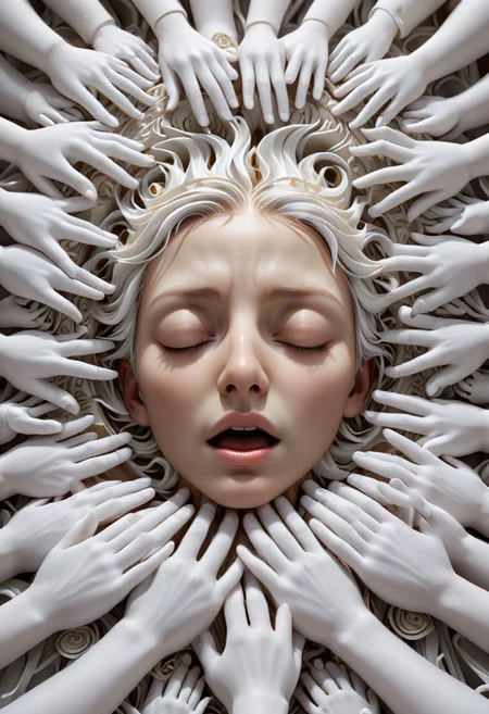 (masterpiece, best quality, high resolution), white hands emerging from a singularity, sleeping face, many hands, vortex, intricate detail, 8k, hdr