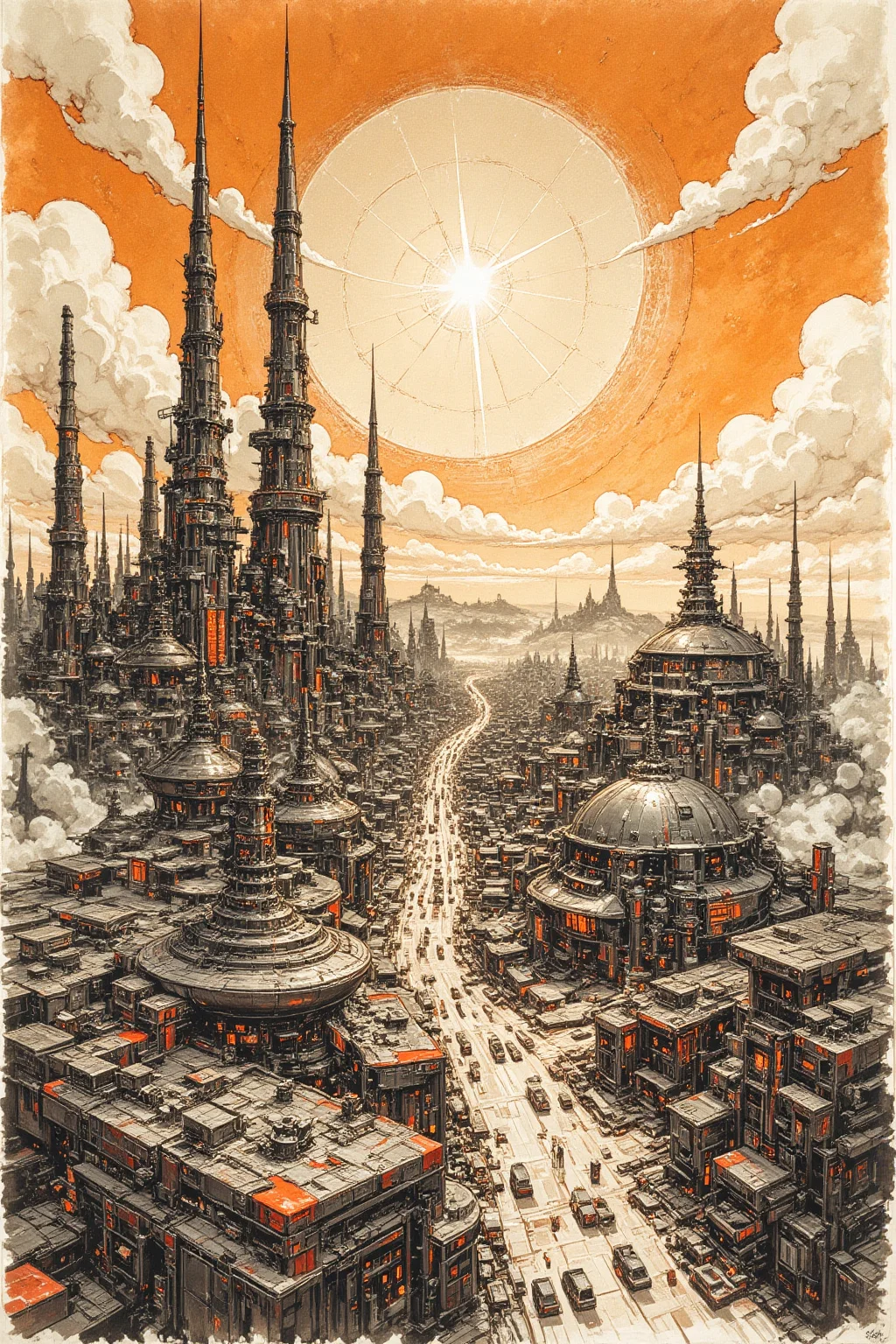 A bold inkplash-meets-watercolor wash artwork, expertly painted on rice paper using rich sepia, burnt henna, and ink-black hues. an advanced sci-fi cityscape, with gleaming towers and skyscrapers, clear sky