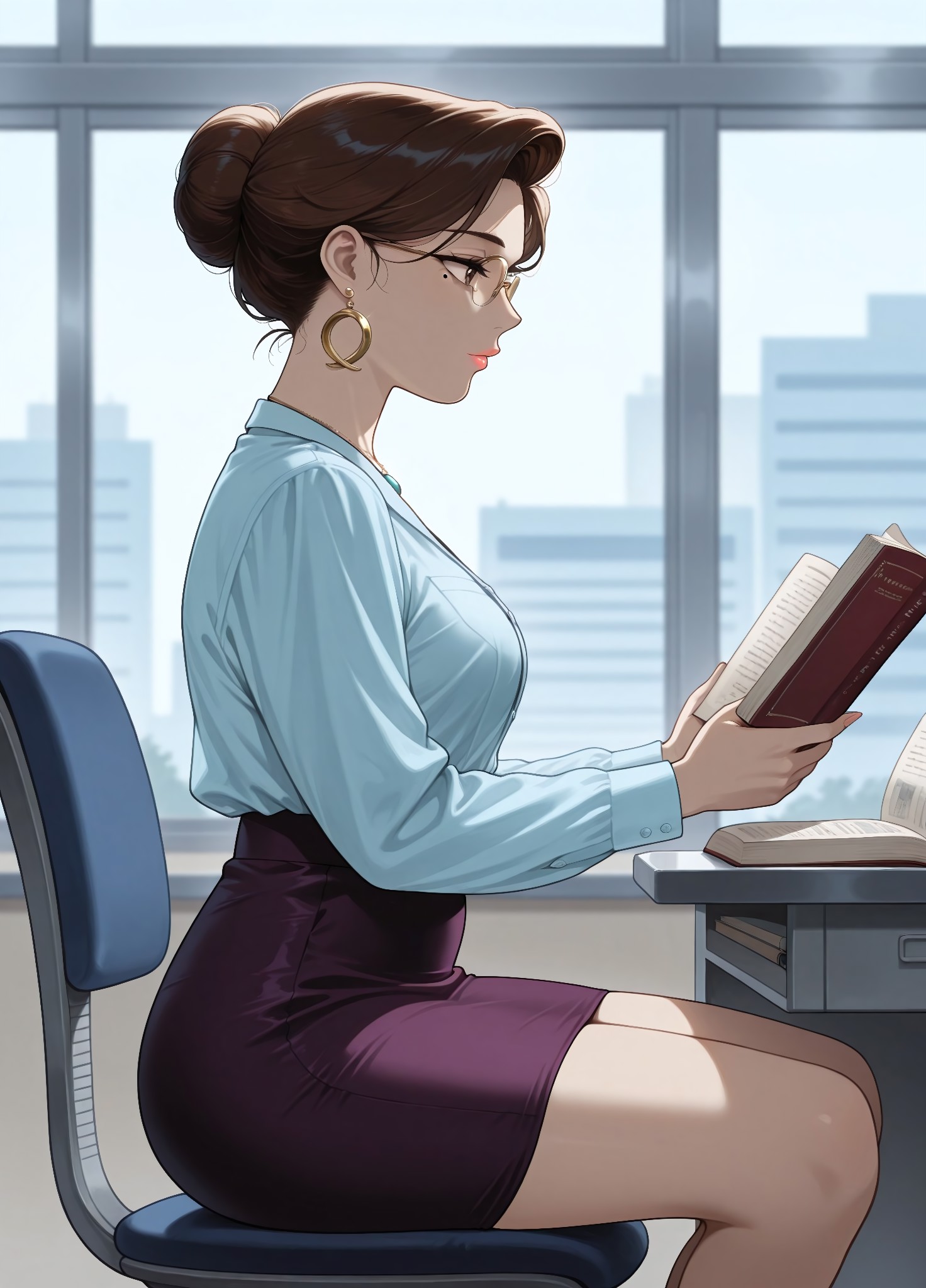masterpiece, best quality, amazing quality, absurdres, 

b10_0ff, n0r0ff, 1girl, brown hair, single hair bun, brown eyes, lips, (mole:0.7), large breasts, earrings, golden earrings, necklace, jewelry, blue shirt, collared shirt, shirt tucked in, purple skirt, pencil skirt

glasses, gold earrings, blue button-up shirt, long sleeves, tucked-in shirt, tight purple pencil skirt, Golden-frame eyewear,

,  , reading book, sitting on chair, holding book, office background, day, from side, profile,