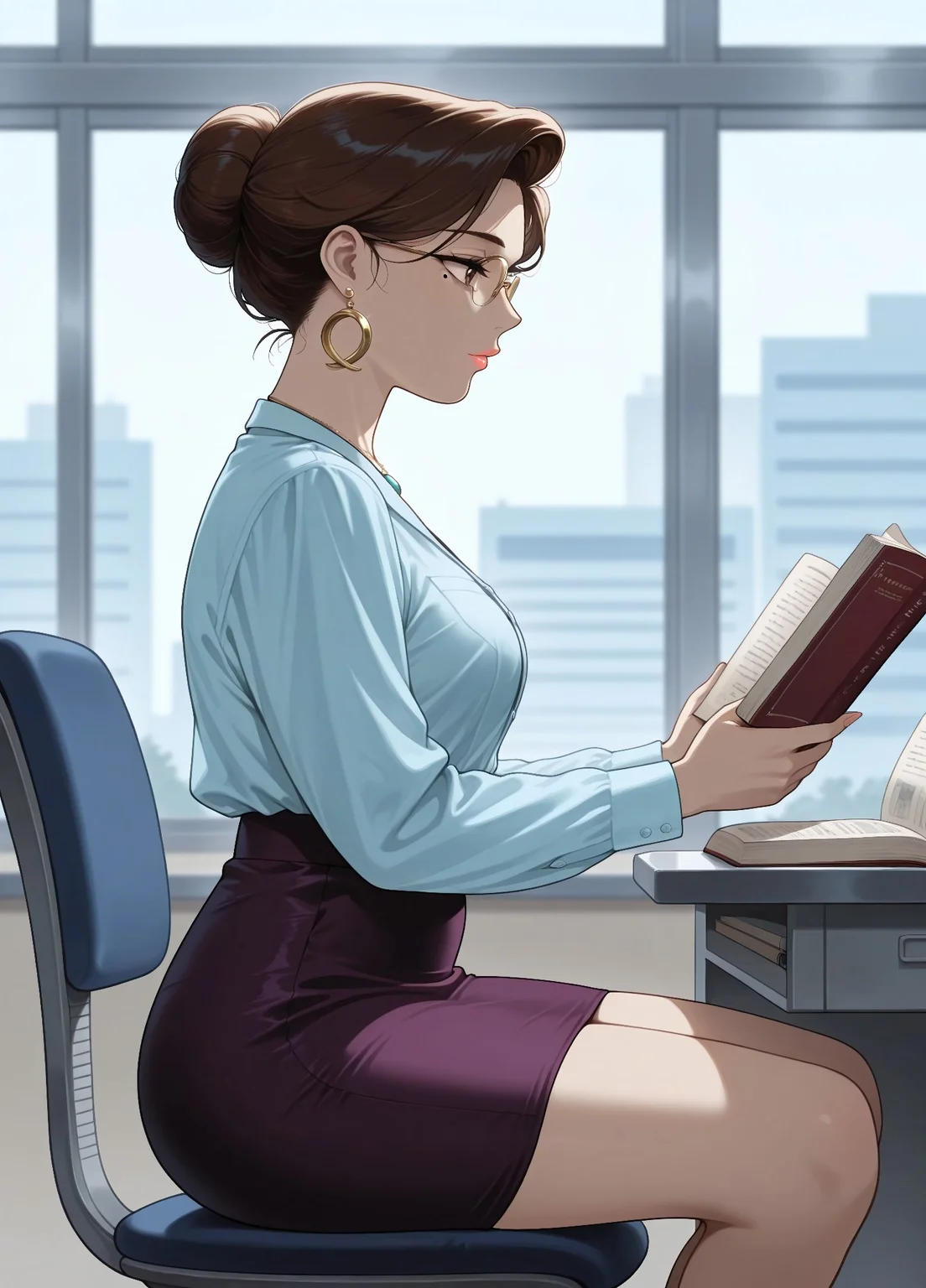 masterpiece, best quality, amazing quality, absurdres, 

b10_0ff, n0r0ff, 1girl, brown hair, single hair bun, brown eyes, lips, (mole:0.7), large breasts, earrings, golden earrings, necklace, jewelry, blue shirt, collared shirt, shirt tucked in, purple skirt, pencil skirt

glasses, gold earrings, blue button-up shirt, long sleeves, tucked-in shirt, tight purple pencil skirt, Golden-frame eyewear,

,  , reading book, sitting on chair, holding book, office background, day, from side, profile,
