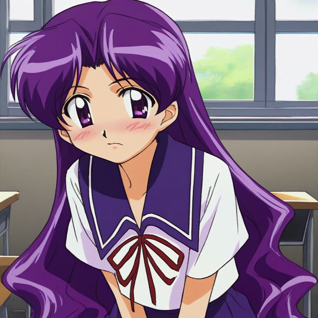 score_9, solo, miyuki_mayu, purple hair, long hair, purple eyes, school uniform, classroom, cute, blush