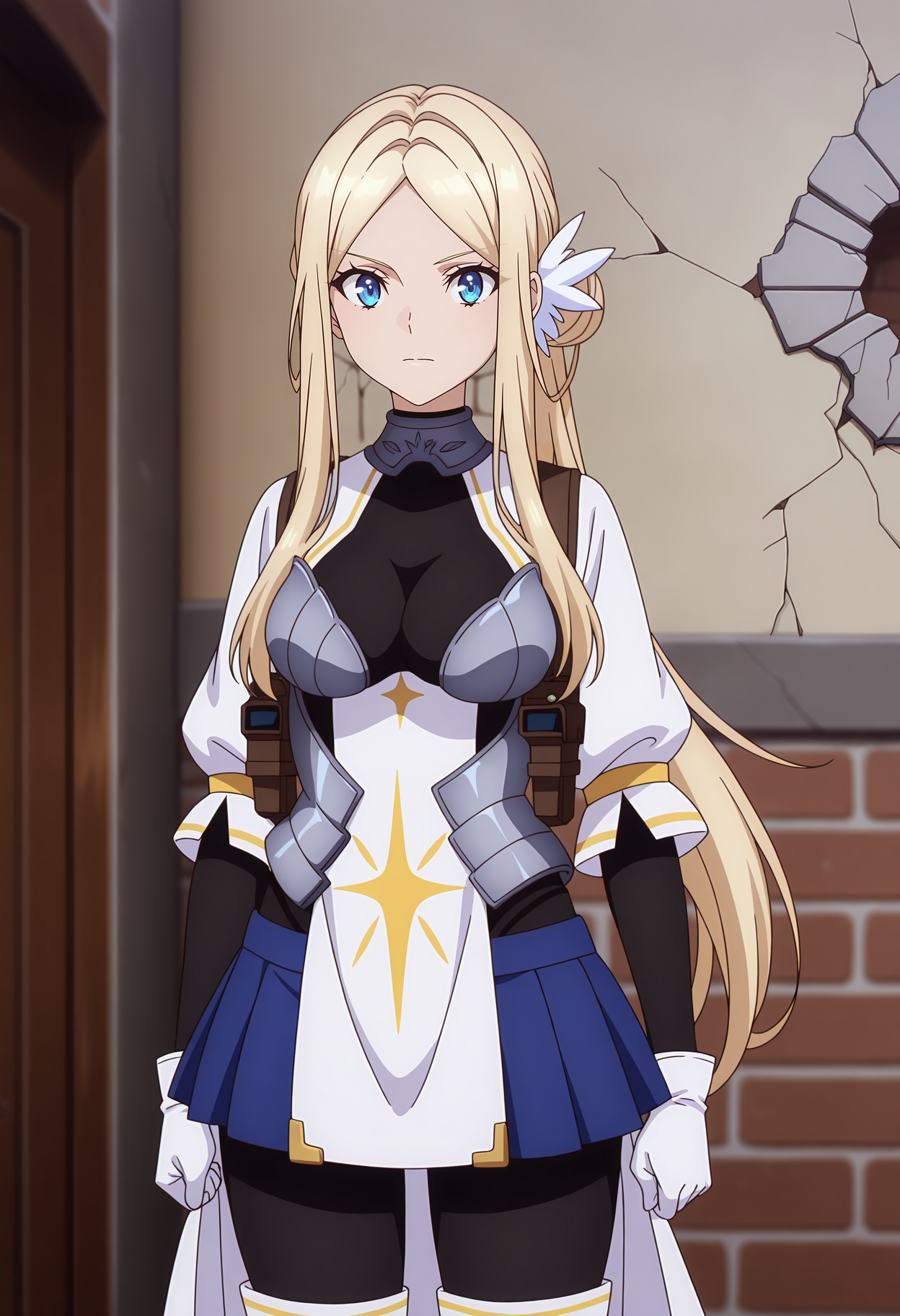 anime screencap, masterpiece, best quality,
<lora:YamiHealer_Krishna_IlluXL:0.9>,
1girl, solo, closed mouth,
low ponytail, single side bun, parted bangs, long hair, blonde hair, blue eyes, hair ornament,
metal collar, black bodysuit, white dress, breastplate, holster, white gloves, miniskirt, pleated skirt, blue skirt, white overskirt, black pantyhose, white thighhighs,
standing, looking at viewer, cowboy shot,
indoors, brick wall, cracked wall, brown background, blurry background
