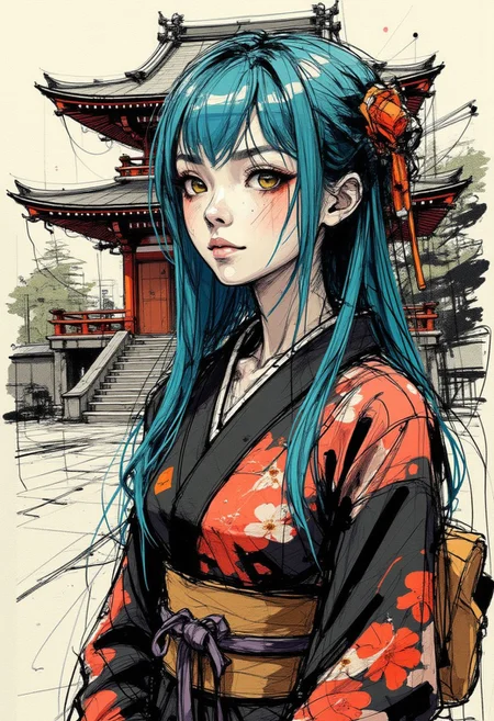 nvinkpunk, colored sketch in the style of ck-ccd, Japanese Shrine maiden, ong blue hair, bangs, sidelocks, hair ornament, black and red yukata, sitting in front of a shinto shrine