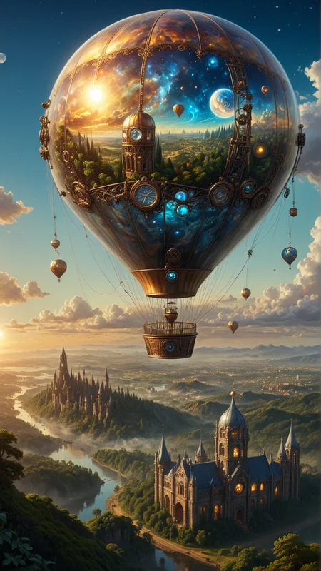 <lora:CosmicStyleSDXL:1.4>CosmicStyle (Hot air balloon, steampunk design, floating above, Victorian city, gears, steam, brass, copper, clockworks, ruins, lost civilization, ancient architecture, overgrown, jungle, greenery, atmosphere, dramatic, evening, warm, golden light, sunset, clouds, blue sky, detailed, vibrant, dynamic, intricate, immersive, captivating, painting, realistic, oil painting, epic, grand, adventure, exploration, mystery, alluring, enchanting, captivating, evocative, inspiring, breathtaking:0.5), see-through, transparent