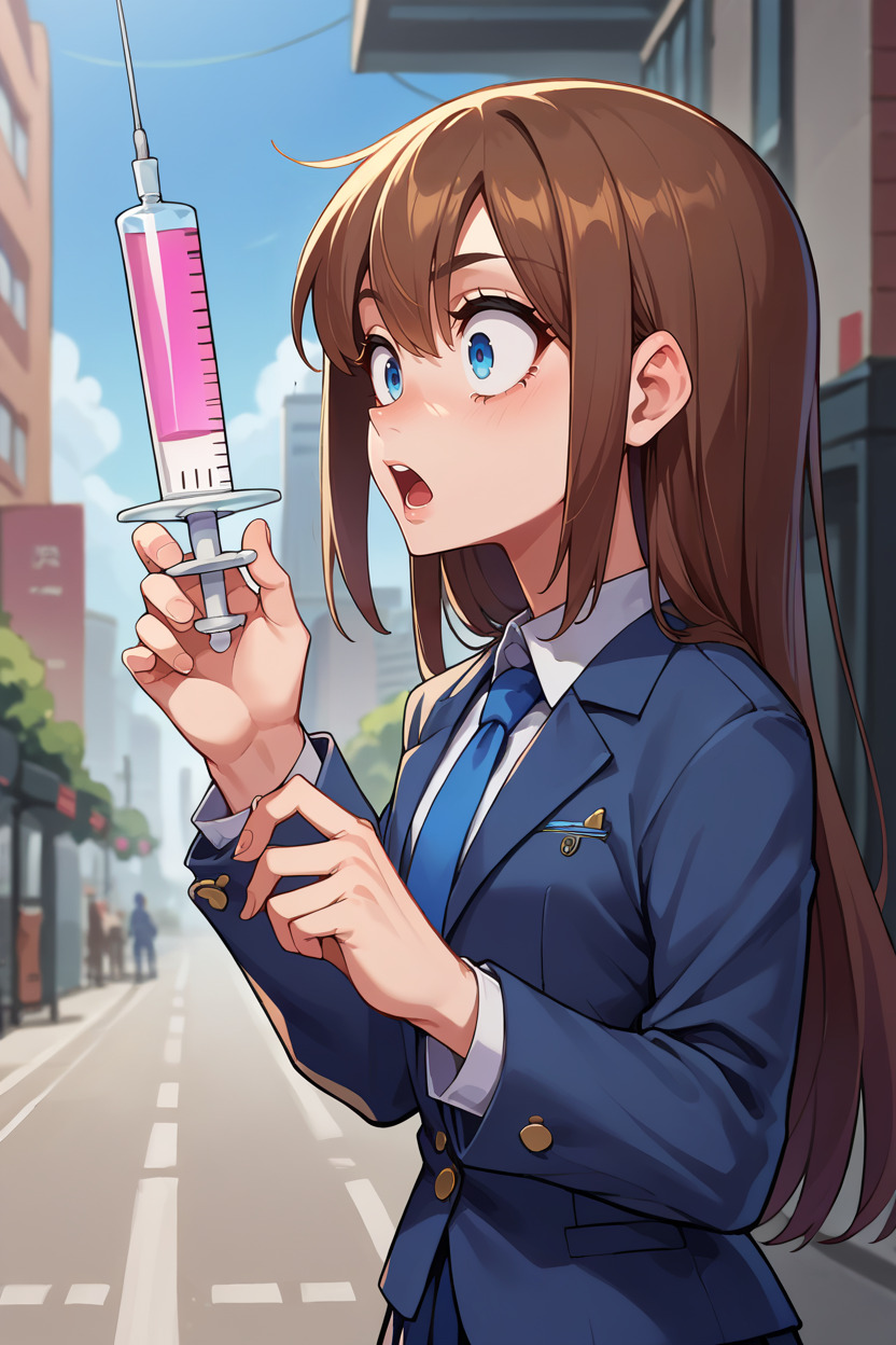 score_9, score_8_up, score_7_up, score_6_up, source_anime BREAK 1girl,  <lora:yoshidasaki-pdxl-nvwls-v1-000006:1> defSaki, blue eyes, long hair, blue blazer, blue necktie, pleated skirt, from side, holding syringe, surprised, chestnut mouth, city