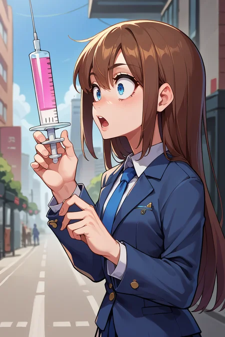 score_9, score_8_up, score_7_up, score_6_up, source_anime BREAK 1girl, <lora:yoshidasaki-pdxl-nvwls-v1-000006:1> defSaki, blue eyes, long hair, blue blazer, blue necktie, pleated skirt, from side, holding syringe, surprised, chestnut mouth, city